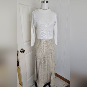 Saks Fifth Avenue White Gold Metallic Rib-Knit Midi-Dress Pleated Skirt Size M